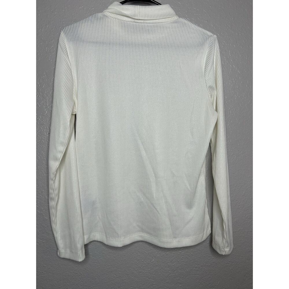 J McLaughlin Cream Ribbed Shimmer Fitted Long Sleeve Turtleneck Sweater Large - Picture 2 of 8